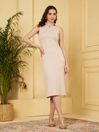 Women's Textured Sleeveless Polo Collar Midi Dress