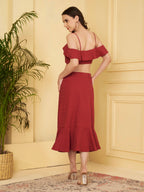 Women's Off-Shoulder Ruffle Crop Top & Button Front Midi Skirt Co-Ord Set