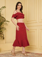 Women's Maroon Off-Shoulder Ruffle Crop Top & Button Front Midi Skirt Co-Ord Set