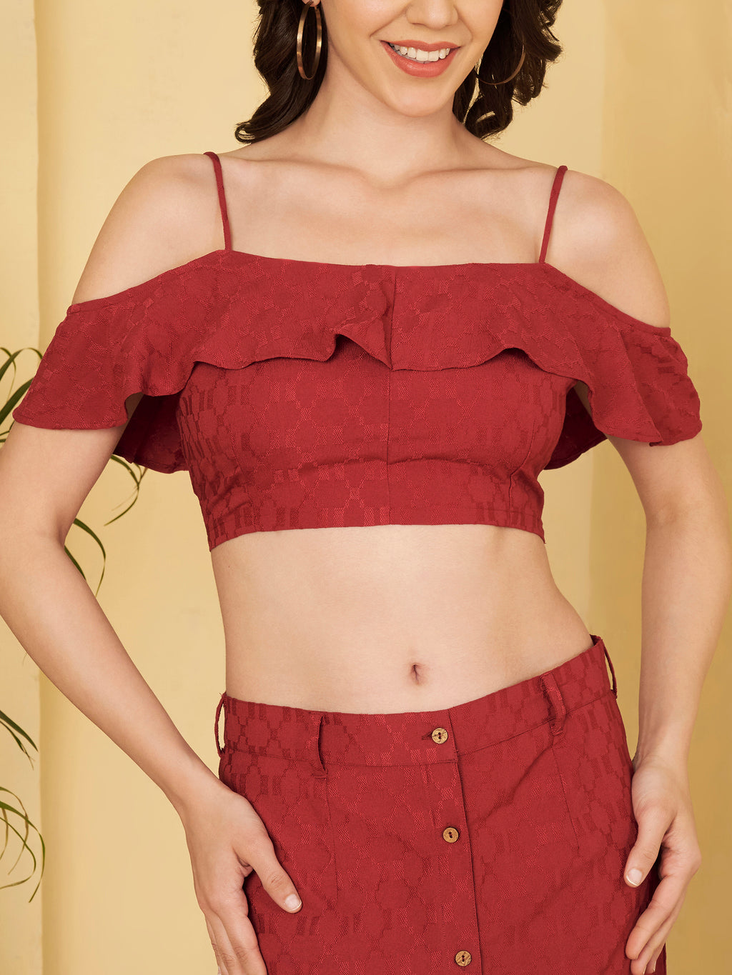 Women's Maroon Off-Shoulder Ruffle Crop Top & Button Front Midi Skirt Co-Ord Set