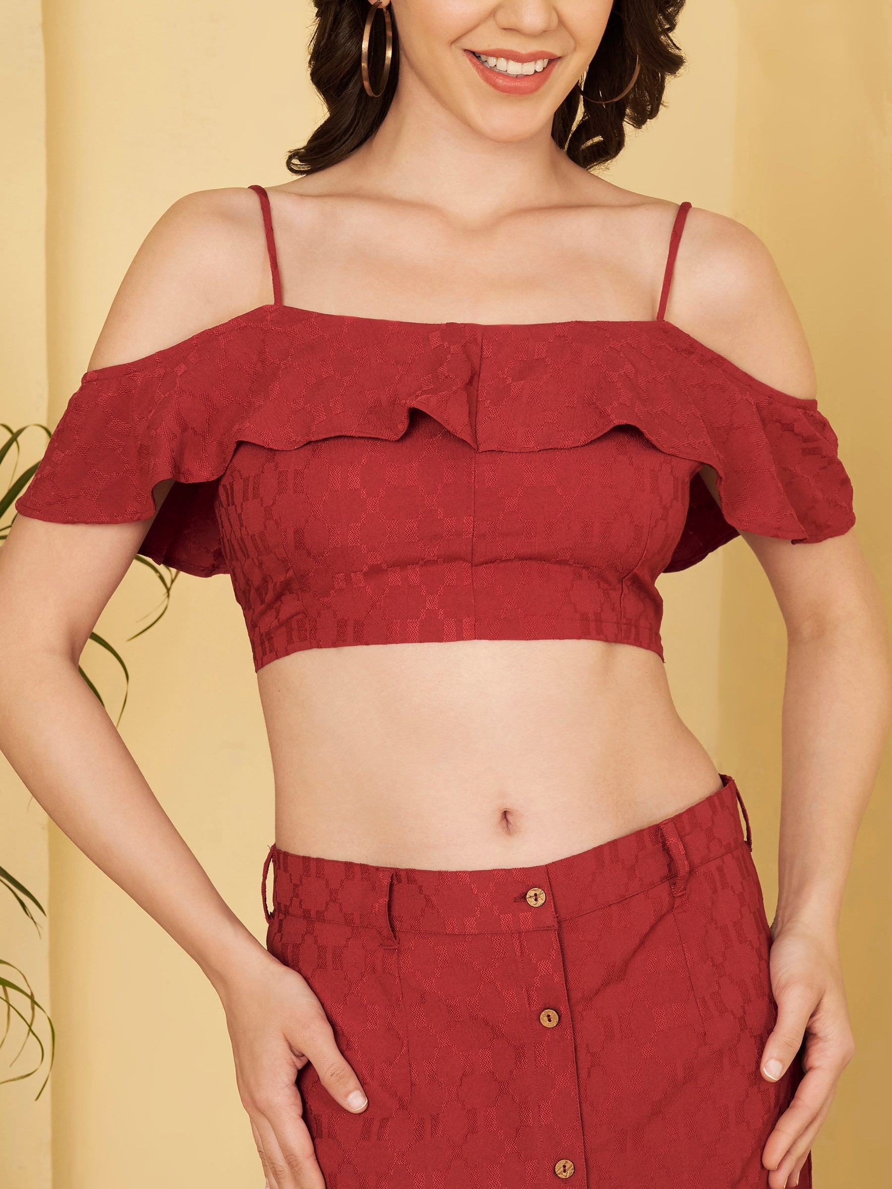 Women's Off-Shoulder Ruffle Crop Top & Button Front Midi Skirt Co-Ord Set