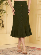 Women's Olive Green Off-Shoulder Ruffle Crop Top & Midi Skirt Co-Ord Set