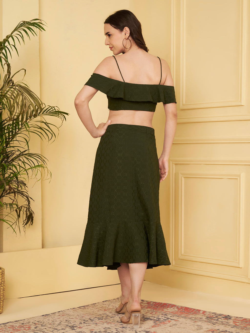 Women's Olive Green Off-Shoulder Ruffle Crop Top & Midi Skirt Co-Ord Set