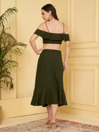 Women's Off-Shoulder Ruffle Crop Top & Button Front Midi Skirt Co-Ord Set