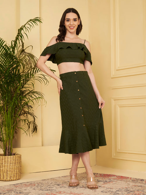 Women's Off-Shoulder Ruffle Crop Top & Button Front Midi Skirt Co-Ord Set