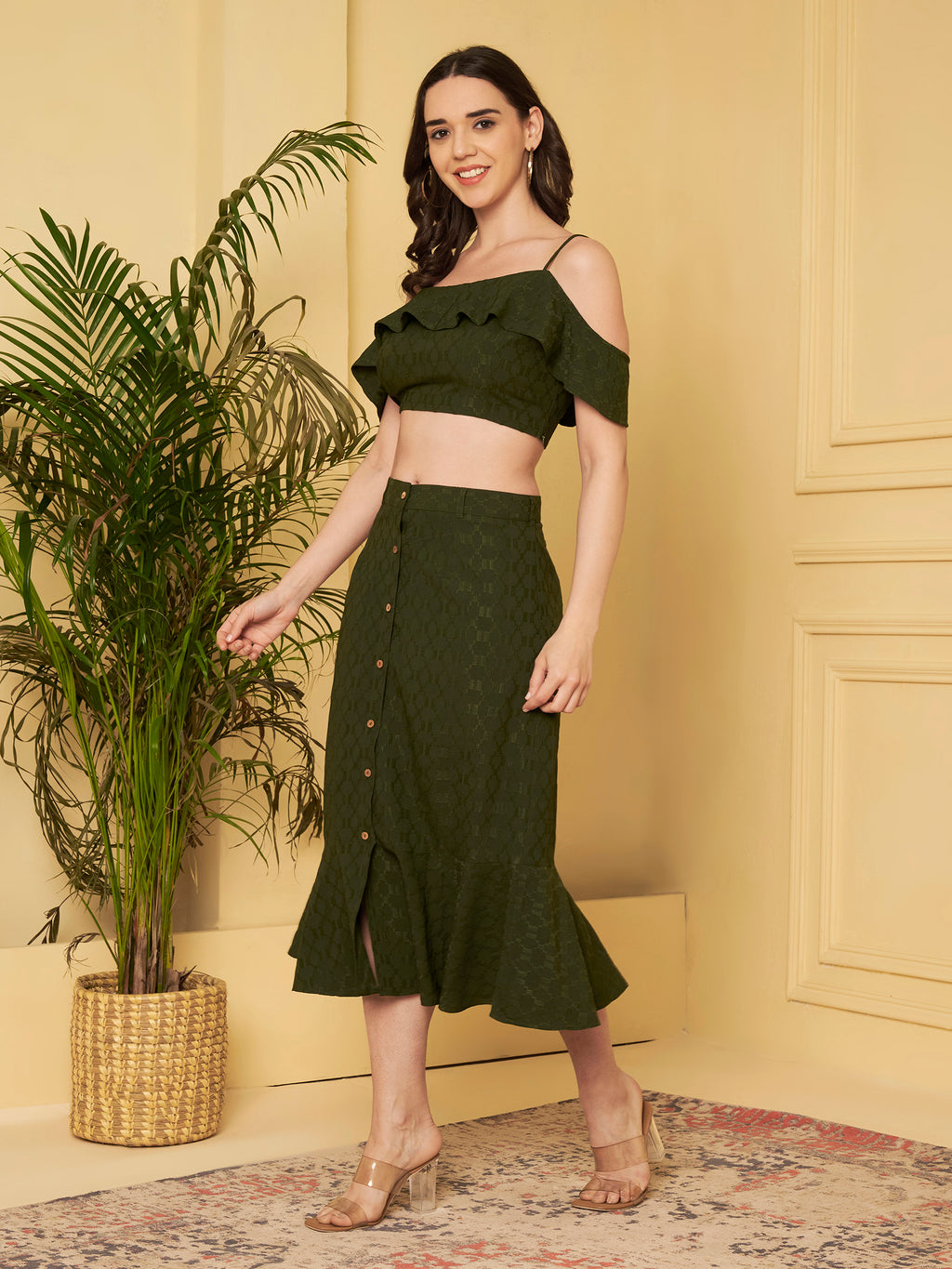 Women's Olive Green Off-Shoulder Ruffle Crop Top & Midi Skirt Co-Ord Set