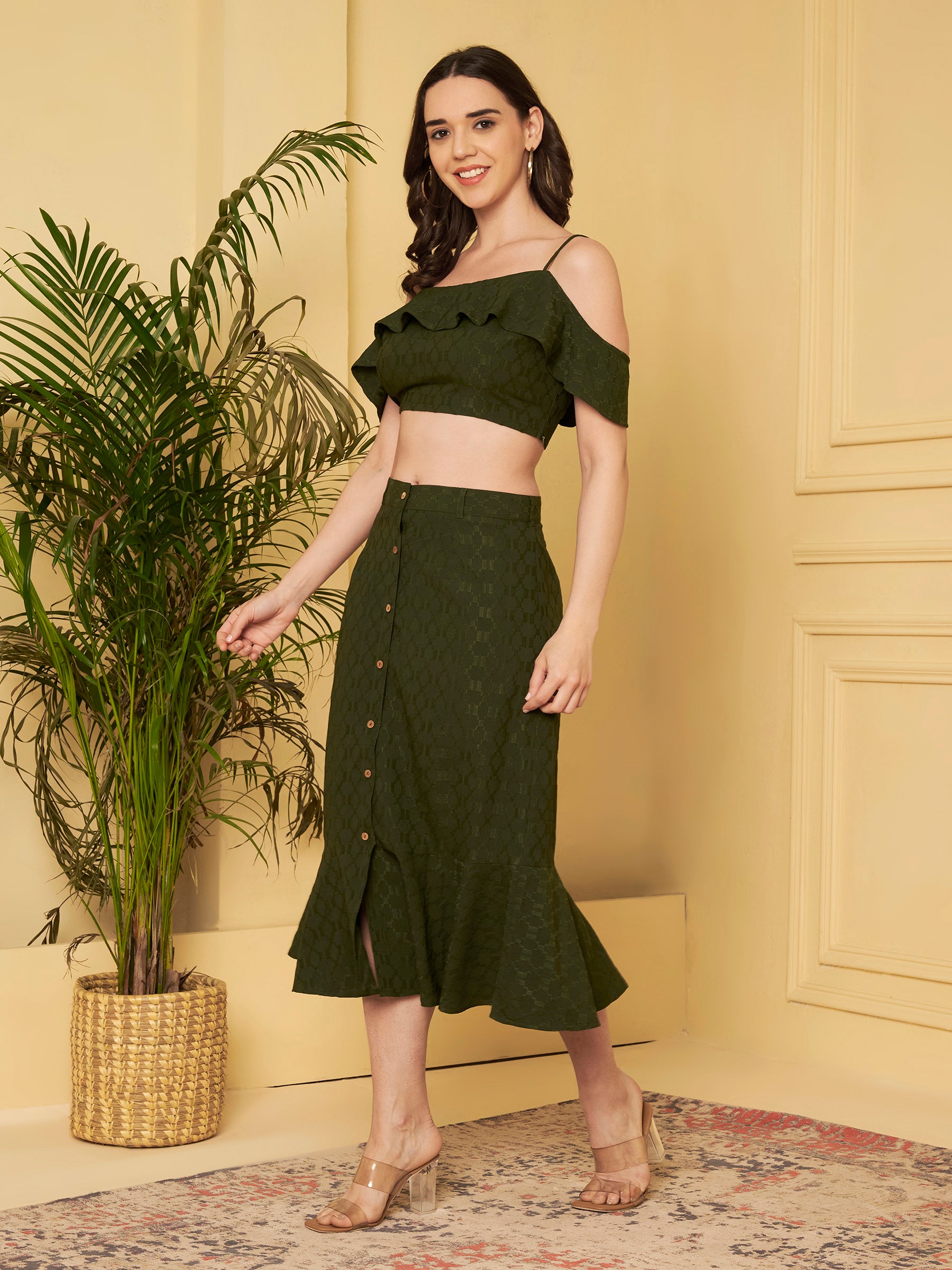 Women's Olive Green Off-Shoulder Ruffle Crop Top & Midi Skirt Co-Ord Set