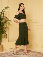 Women's Olive Green Off-Shoulder Ruffle Crop Top & Midi Skirt Co-Ord Set