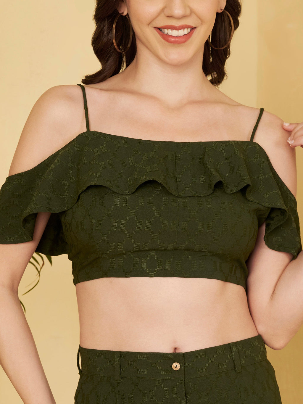 Women's Off-Shoulder Ruffle Crop Top & Button Front Midi Skirt Co-Ord Set