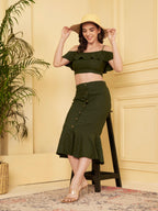 Women's Olive Green Off-Shoulder Ruffle Crop Top & Midi Skirt Co-Ord Set
