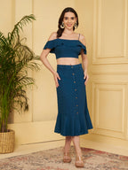 Women's Off-Shoulder Ruffle Crop Top & Button Front Midi Skirt Co-Ord Set