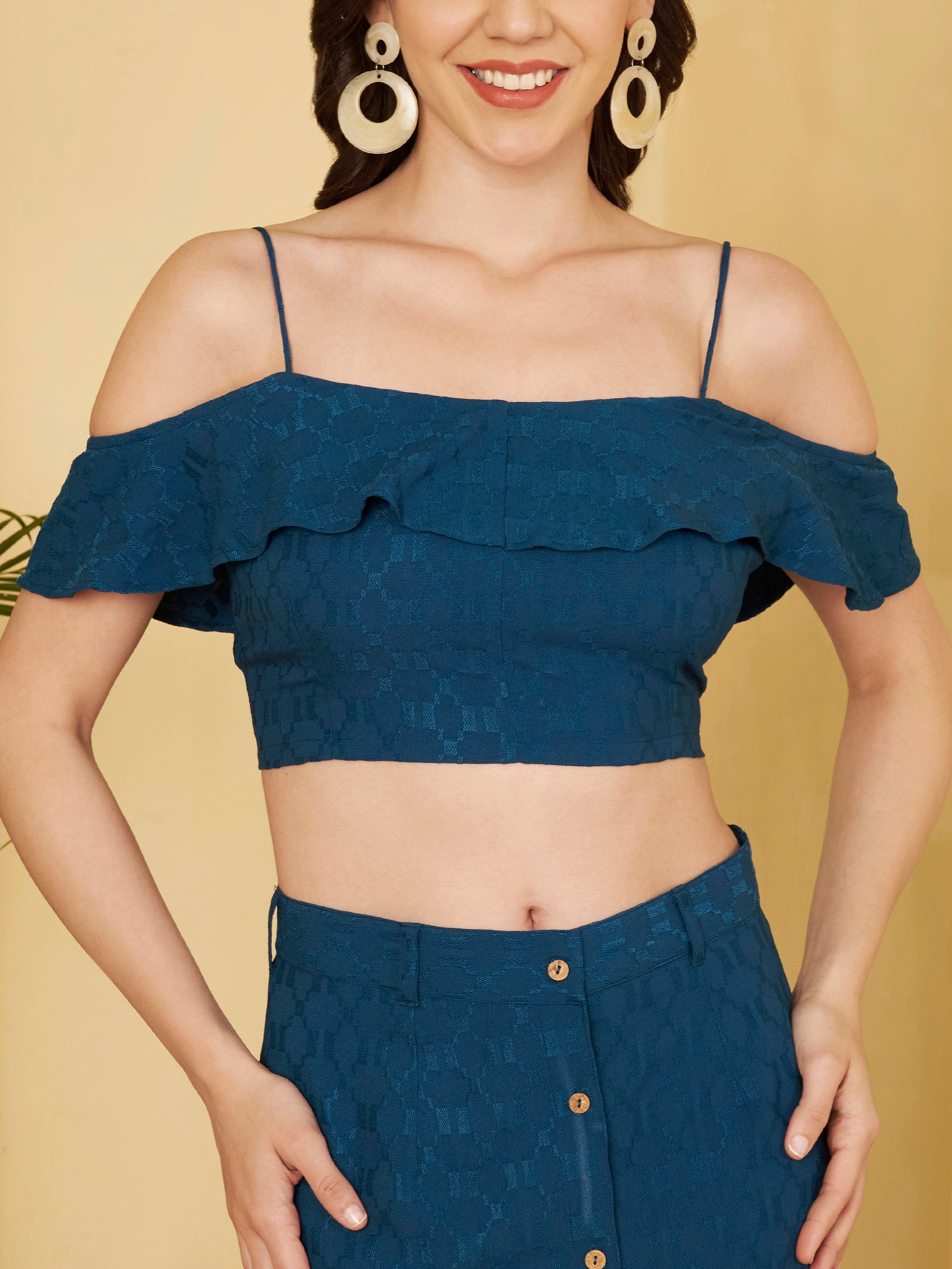 Women's Off-Shoulder Ruffle Crop Top & Button Front Midi Skirt Co-Ord Set
