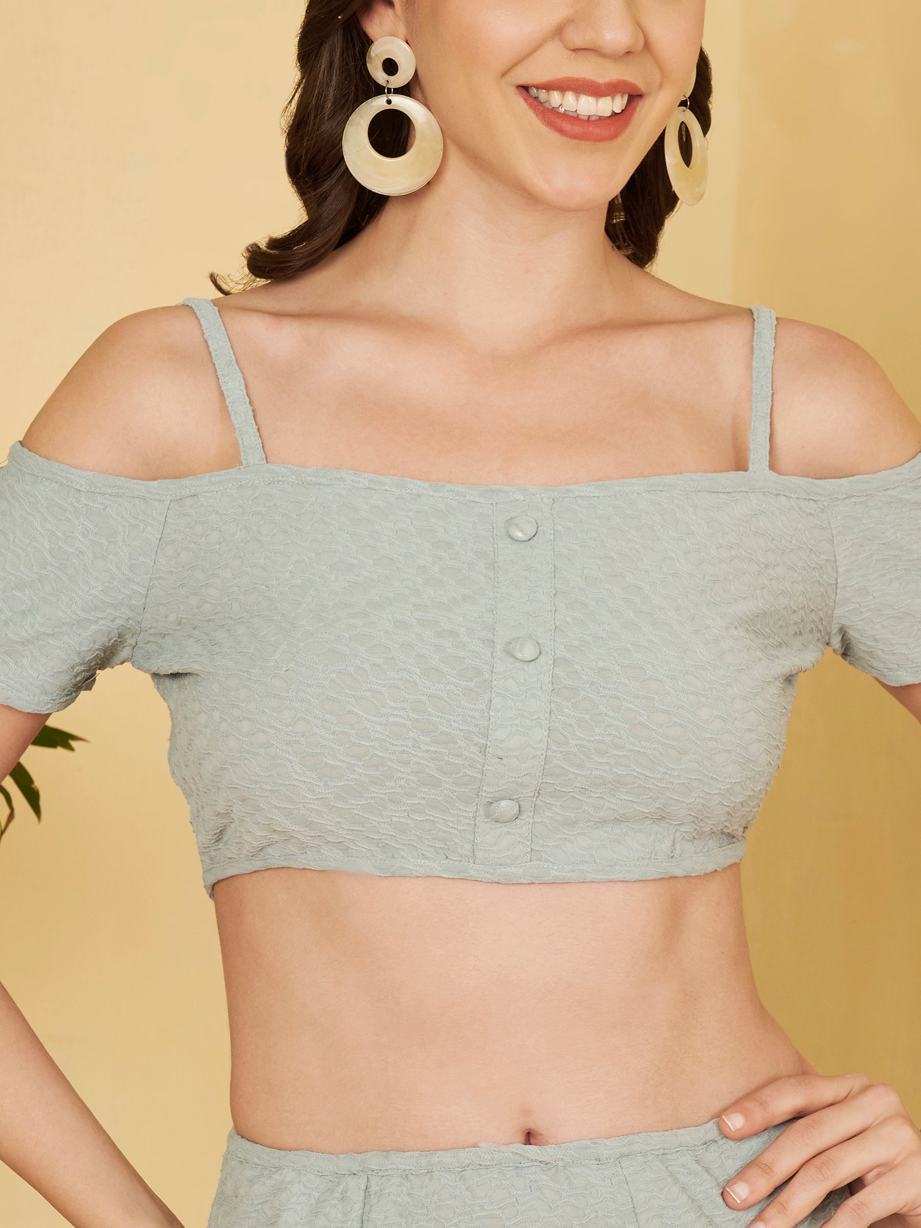Women's Off-Shoulder Crop Top & Mini Skirt Textured Co-Ord Set