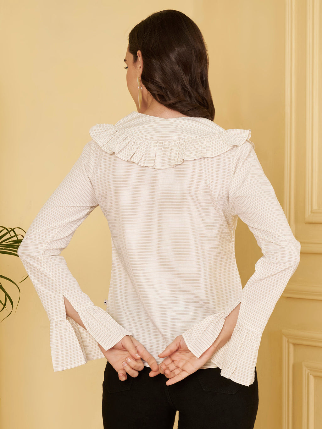 Women's Beige Striped Ruffle Collar Bell Sleeve Shirt