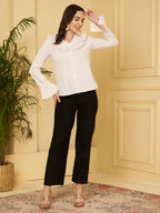 Women's Beige Striped Ruffle Collar Bell Sleeve Shirt