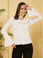 Women's Off White Ruffle Neck Bell Sleeve Shirt