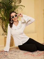 Women's Off White Ruffle Neck Bell Sleeve Shirt