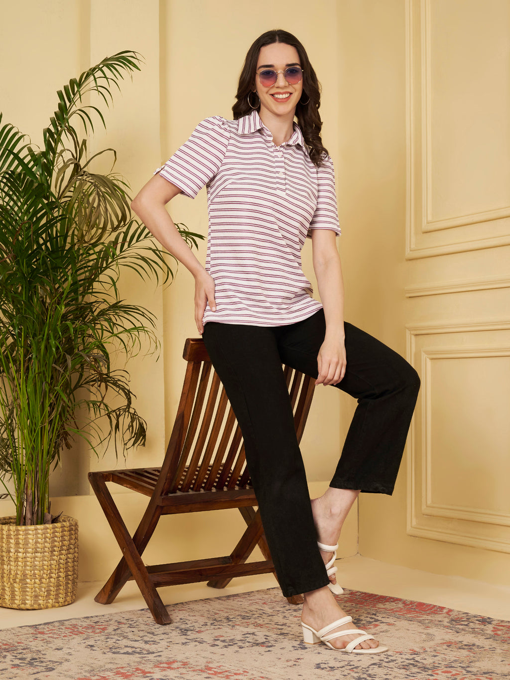 Women's White & Maroon Striped Polo Collar T-Shirt