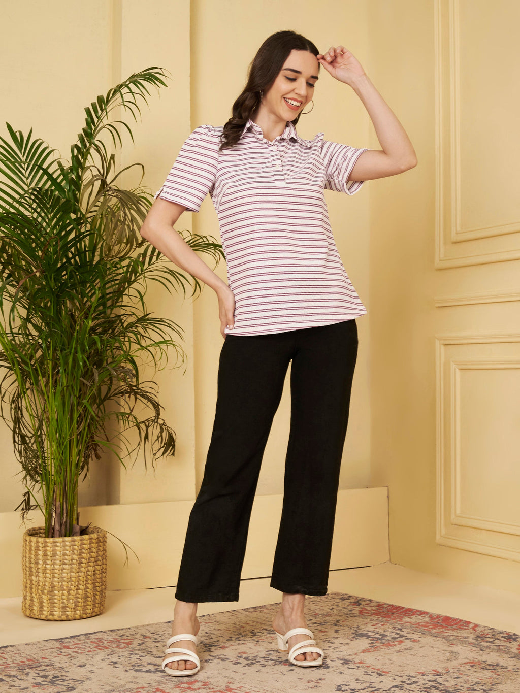 Women's Striped Polo Collar T-Shirt