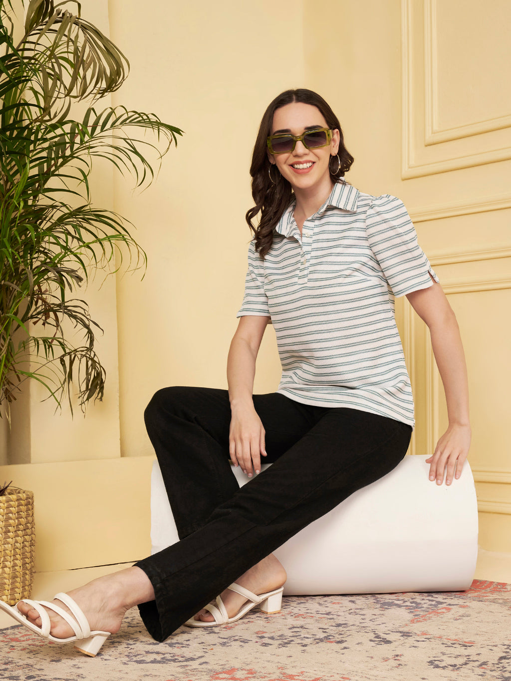 Women's White & Green Striped Polo Collar T-Shirt
