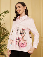 Women's Fashion Illustration Print Full Sleeve Button-Down Shirt