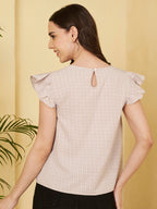 Women's Checked Ruffle Sleeve V-Neck Top