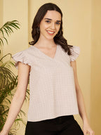 Women's Checked Ruffle Sleeve V-Neck Top