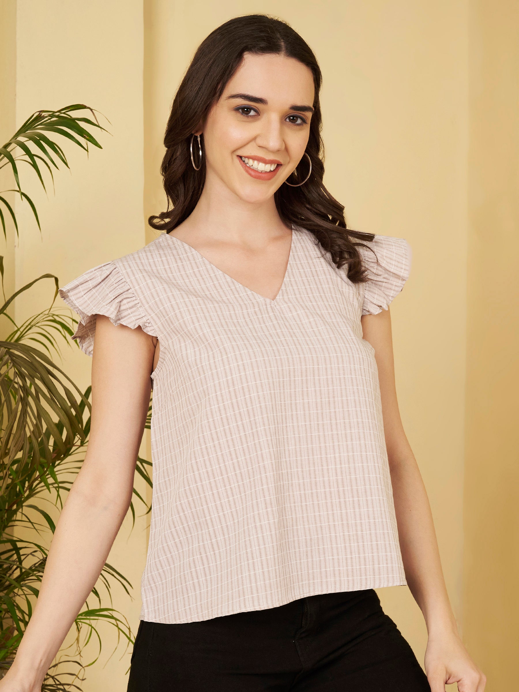 Women's Checked Ruffle Sleeve V-Neck Top