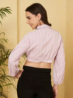 Women Pink Striped Crop Shirt with Full Sleeves