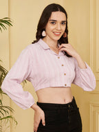 Women Pink Striped Crop Shirt with Full Sleeves