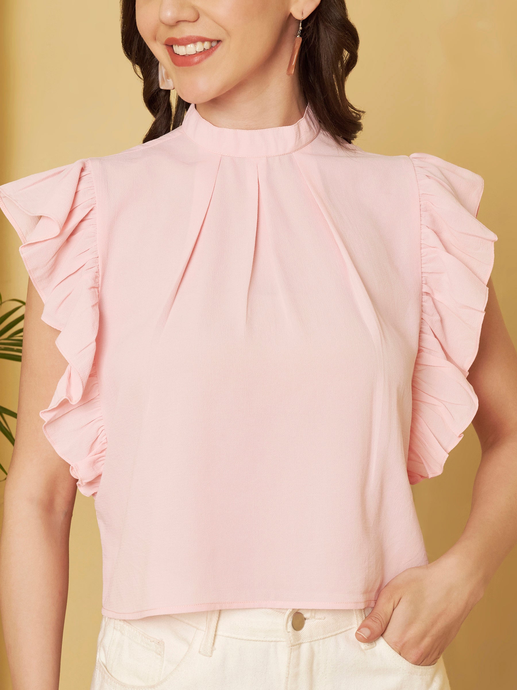 Women's High Neck Ruffle Sleeve Top