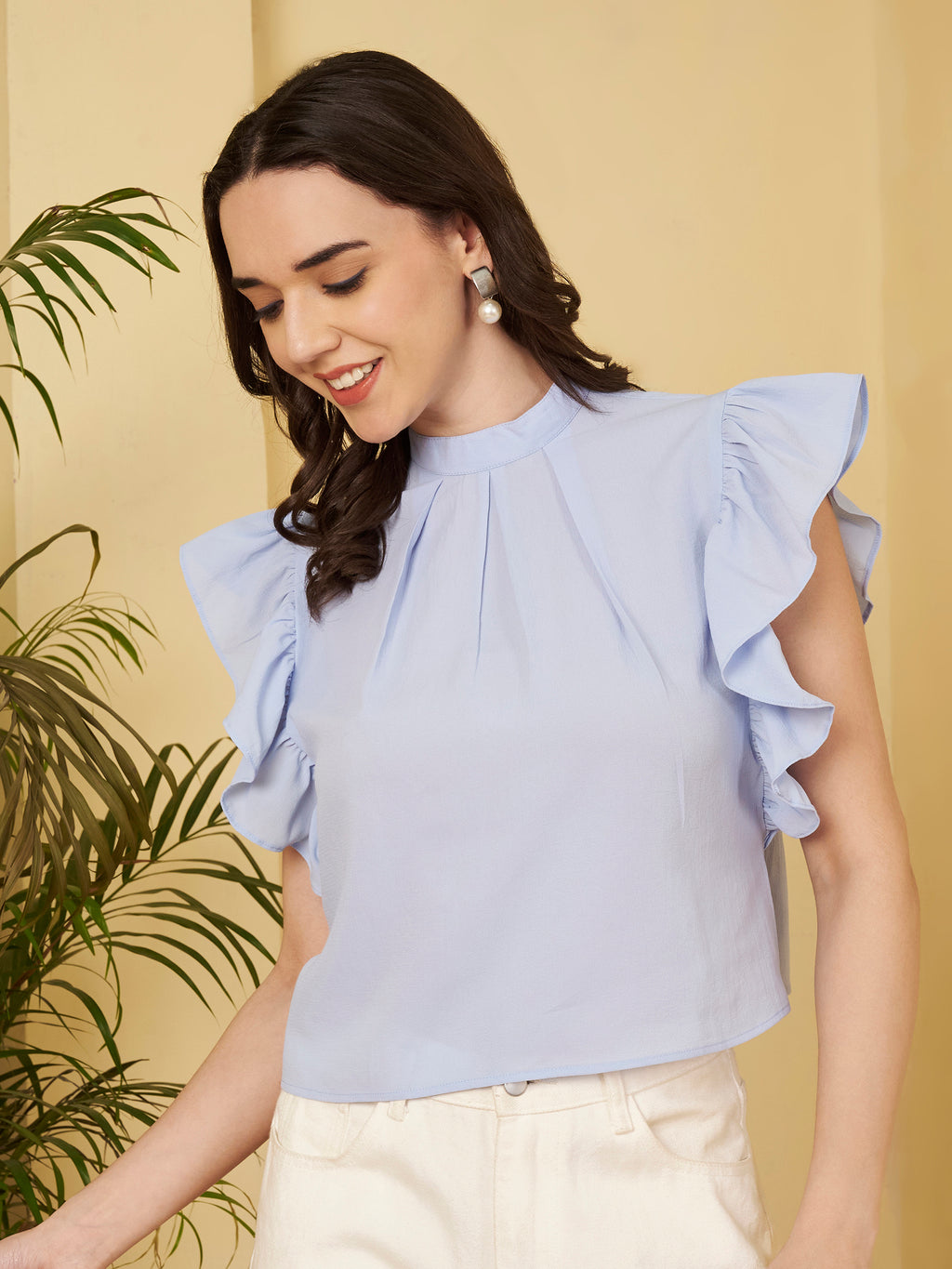Women's High Neck Ruffle Sleeve Top