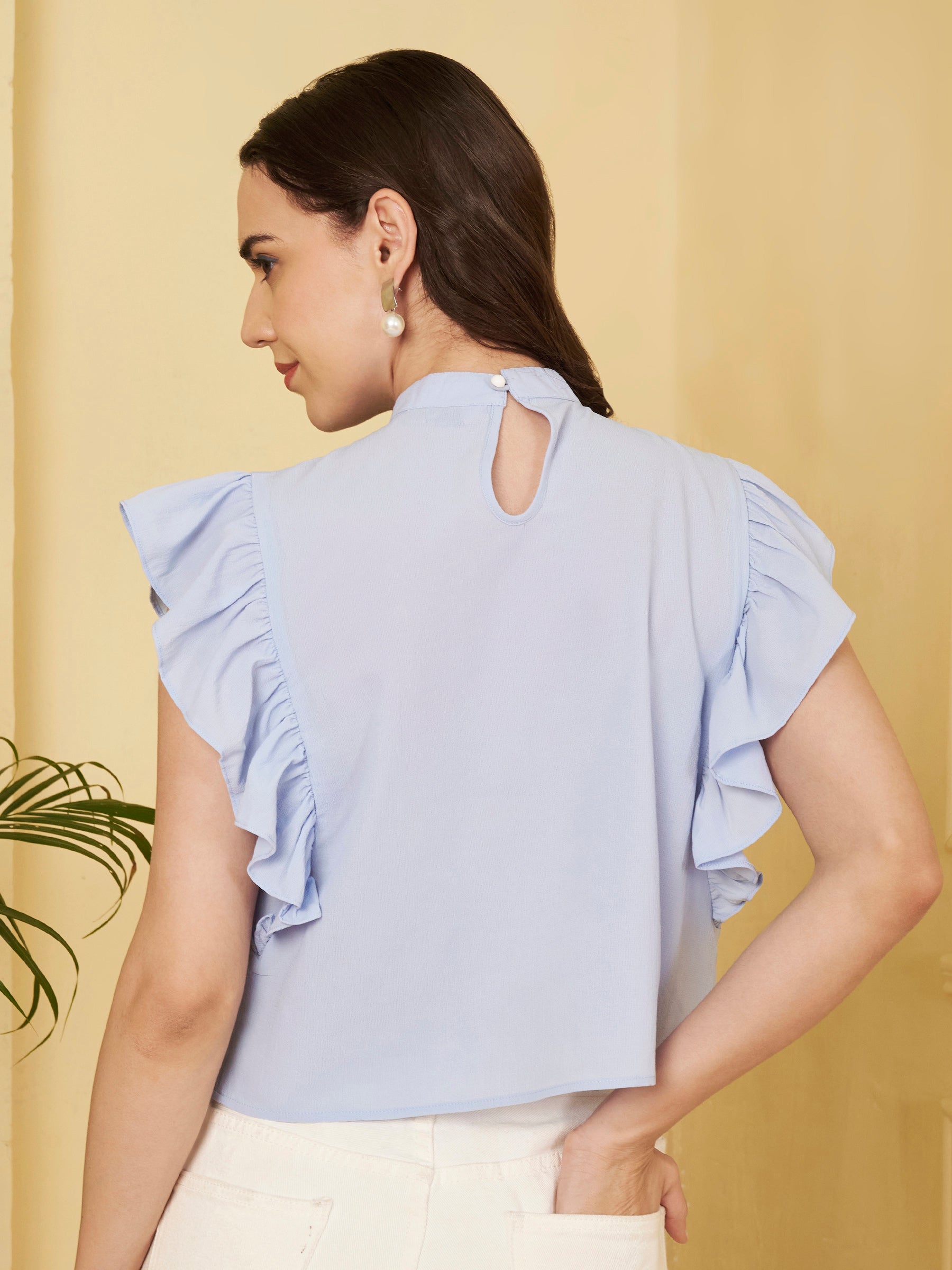 Women's High Neck Ruffle Sleeve Top
