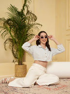 Women Mint Green Striped Crop Shirt with Full Sleeves