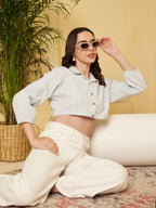 Women Mint Green Striped Crop Shirt with Full Sleeves