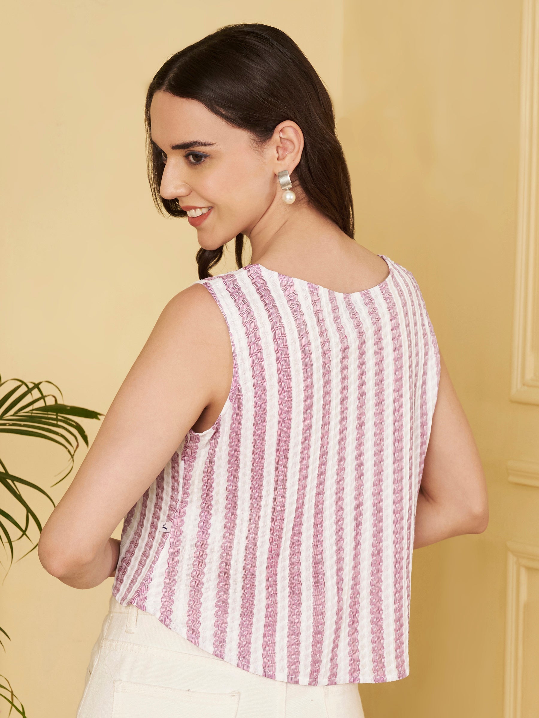 Women's Striped Sleeveless Notch Neck Crop Top