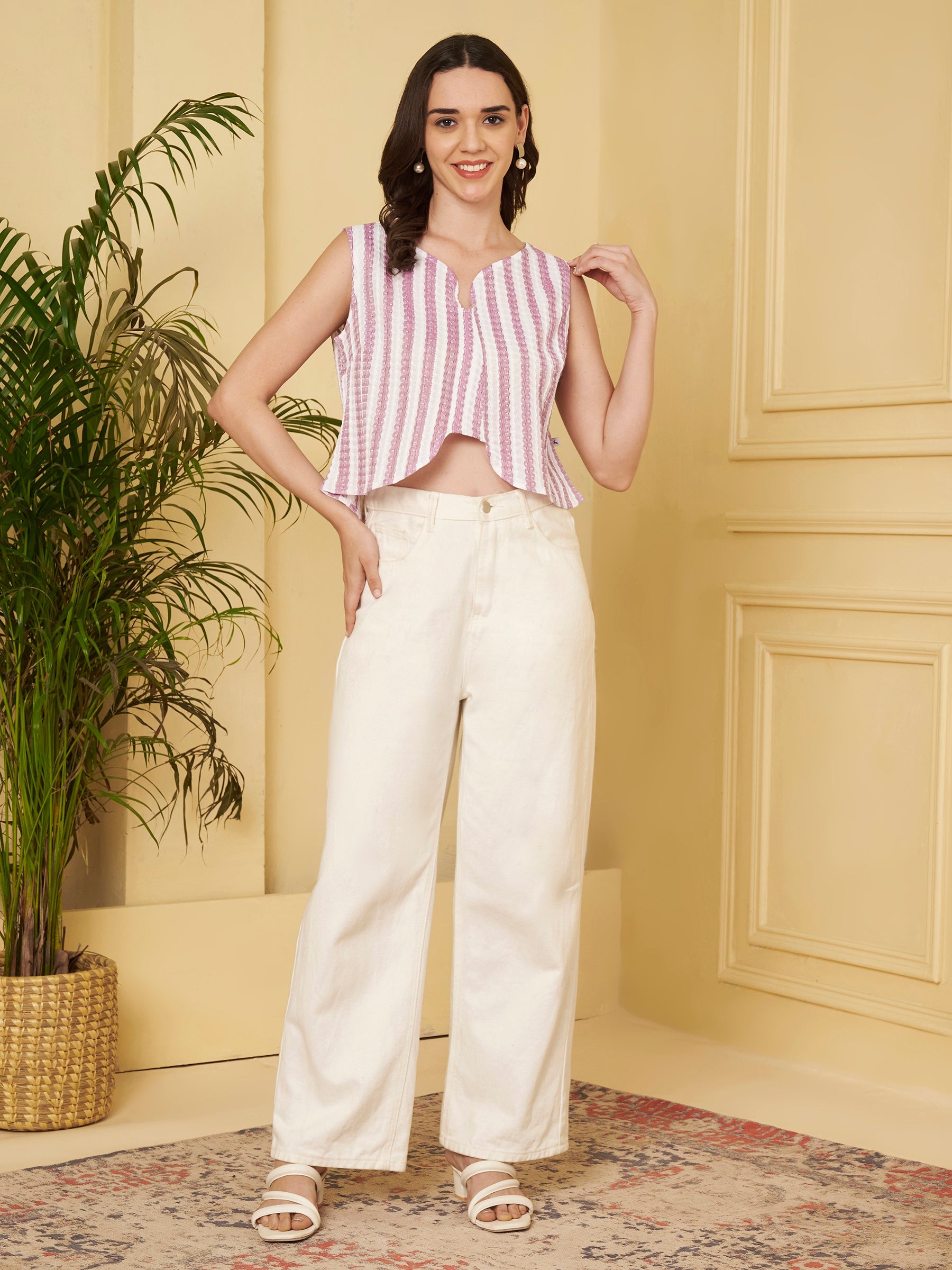 Women's Striped Sleeveless Notch Neck Crop Top