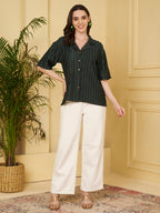 Women's Dark Green Textured Button-Down Shirt with Half Sleeves