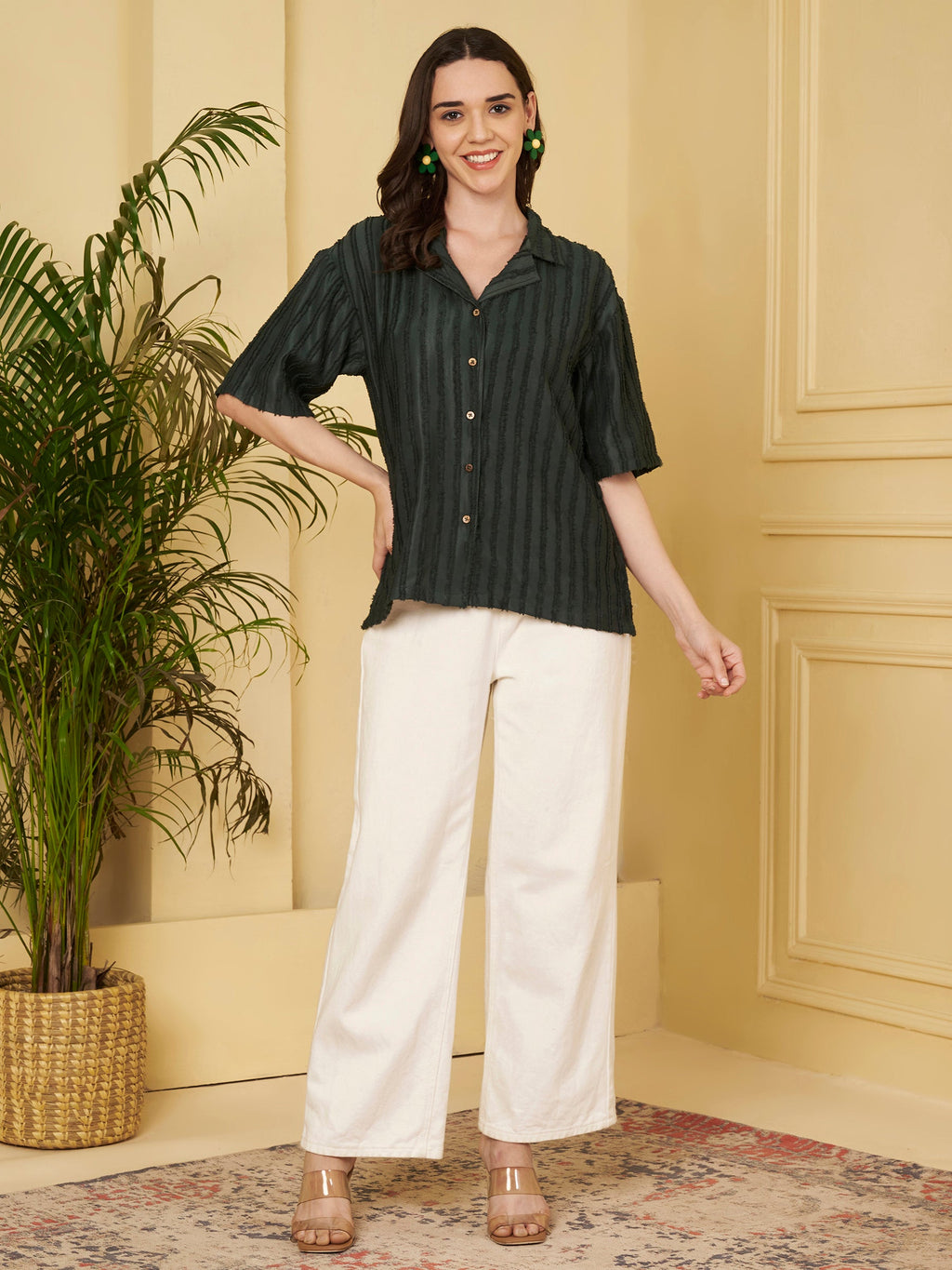 Women's Textured Button-Down Shirt with Half Sleeves