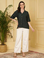 Women's Textured Button-Down Shirt with Half Sleeves