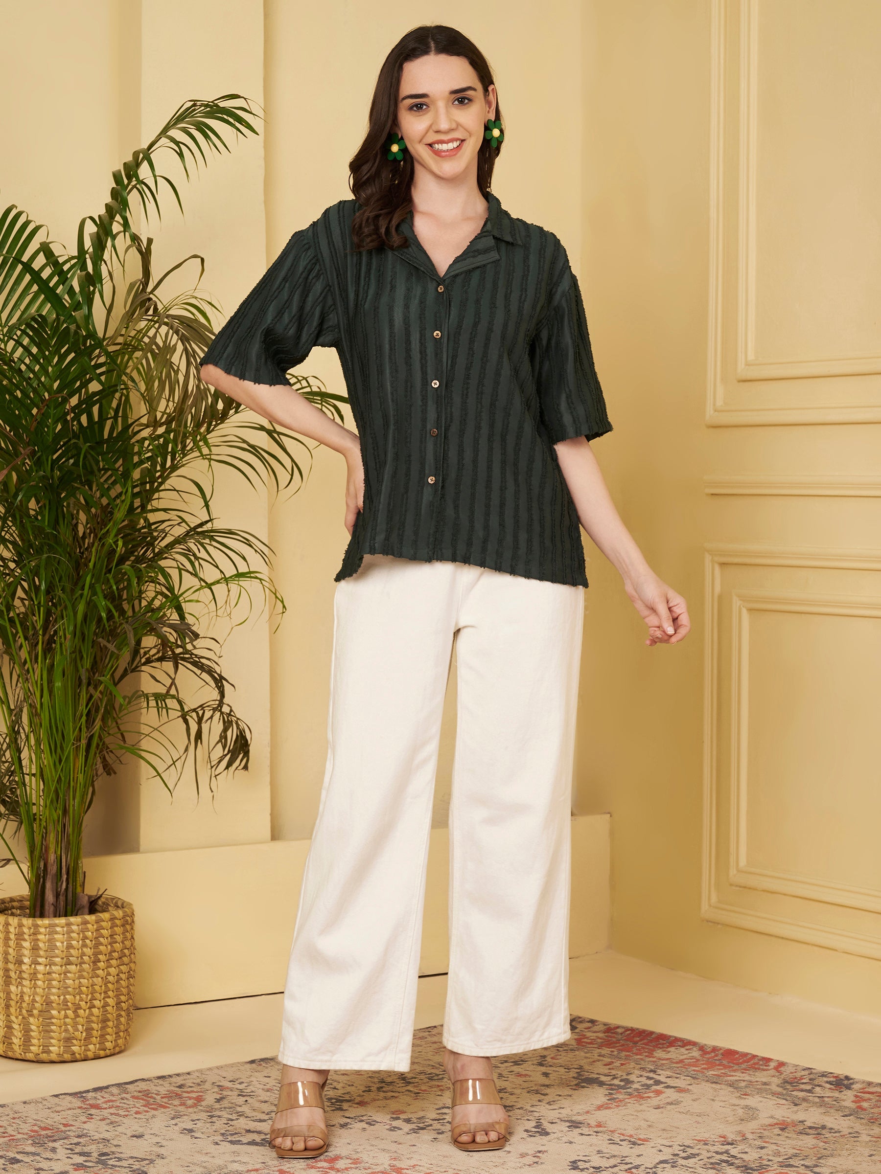 Women's Textured Button-Down Shirt with Half Sleeves