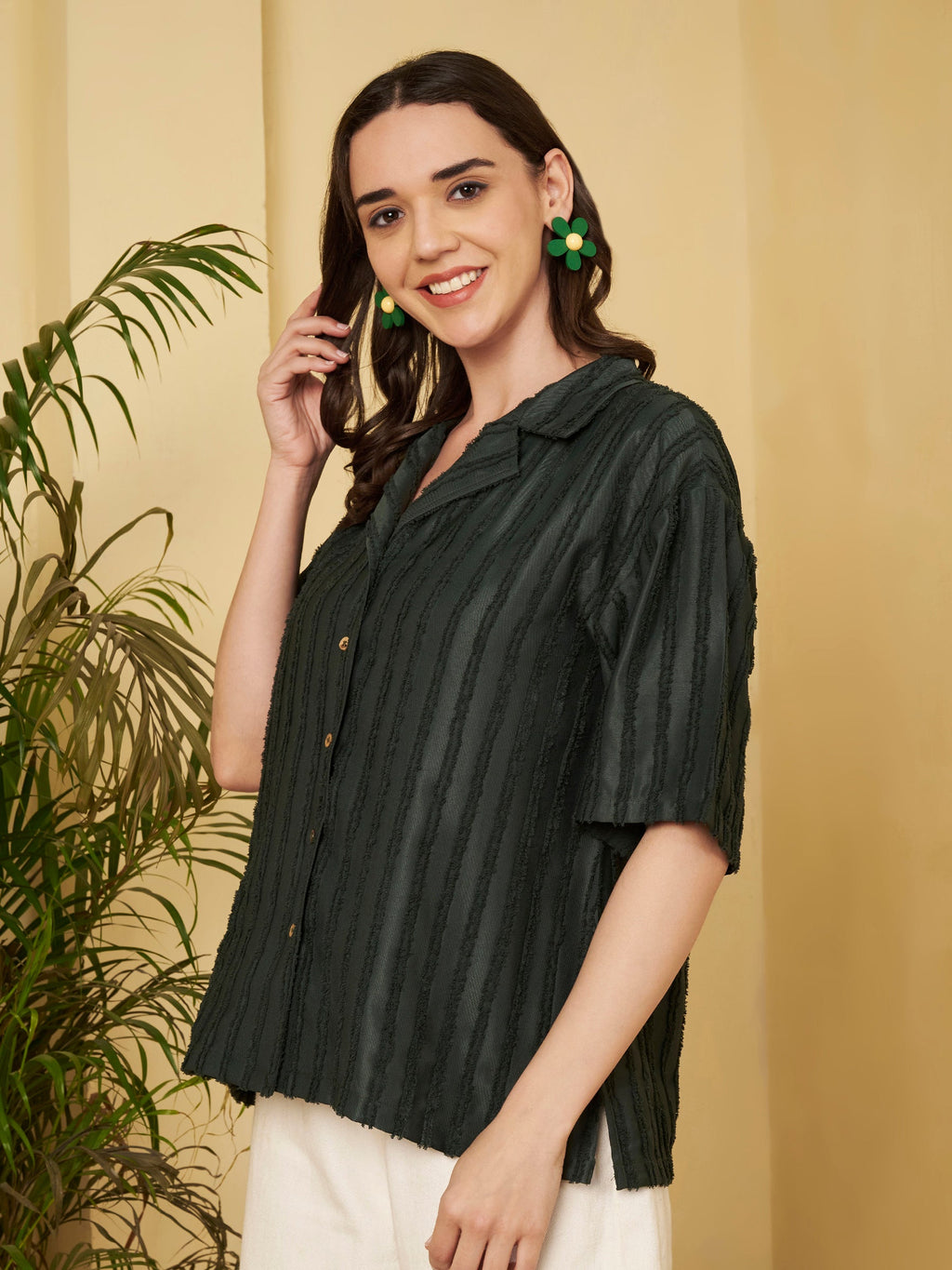 Women's Textured Button-Down Shirt with Half Sleeves