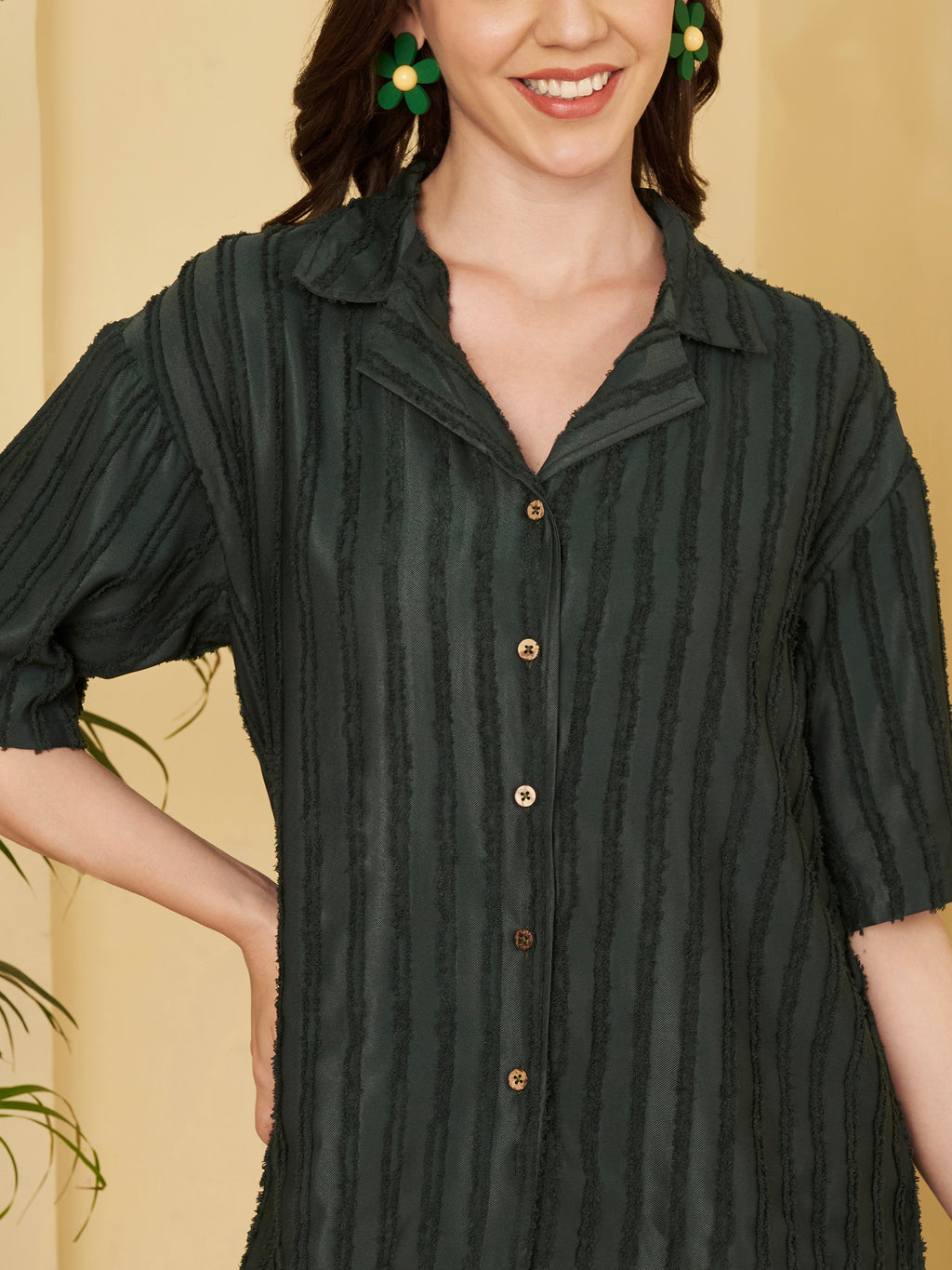 Women's Dark Green Textured Button-Down Shirt with Half Sleeves