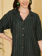 Women's Dark Green Textured Button-Down Shirt with Half Sleeves