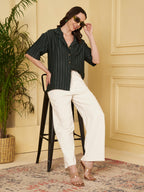 Women's Dark Green Textured Button-Down Shirt with Half Sleeves