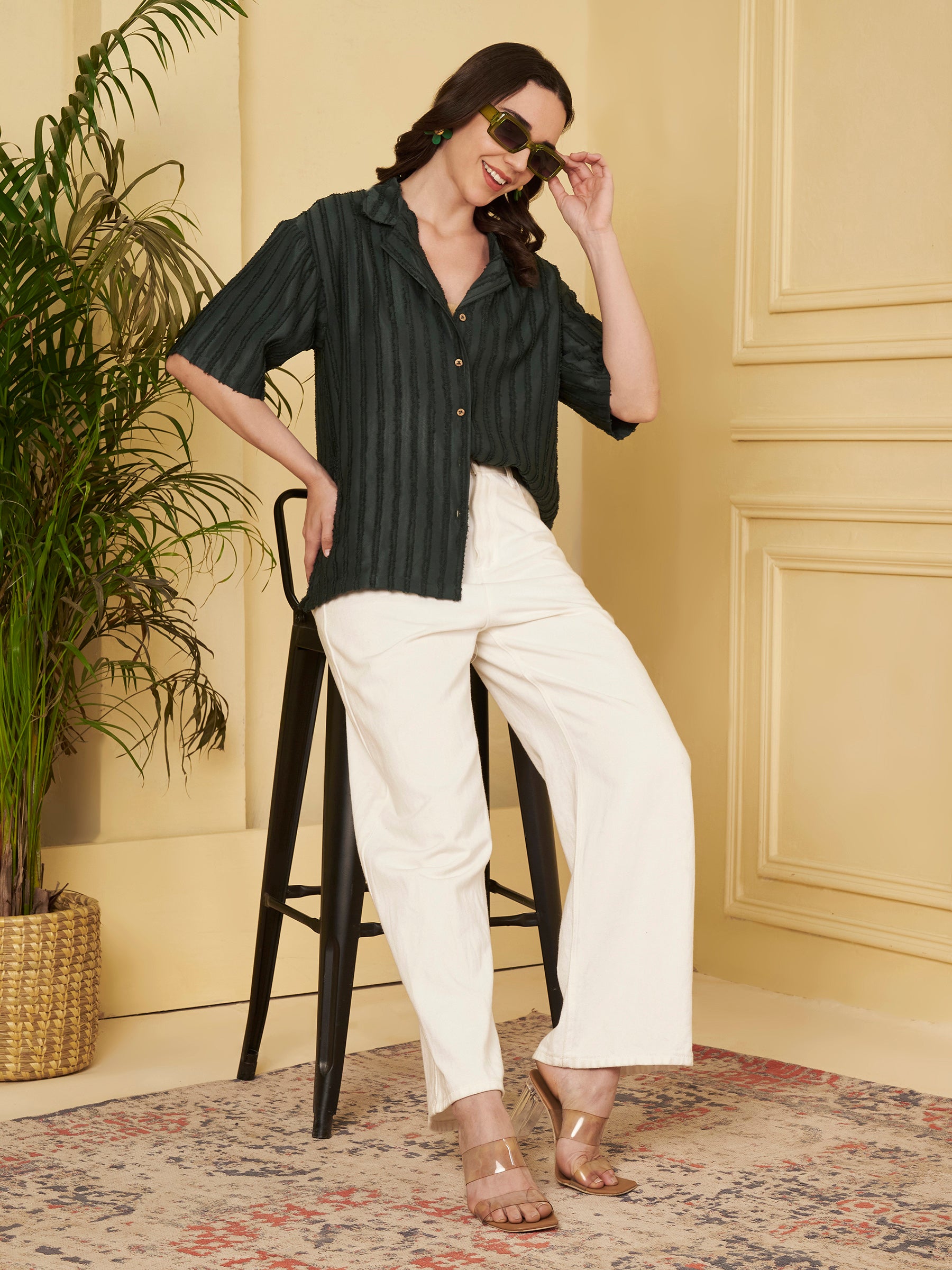 Women's Dark Green Textured Button-Down Shirt with Half Sleeves