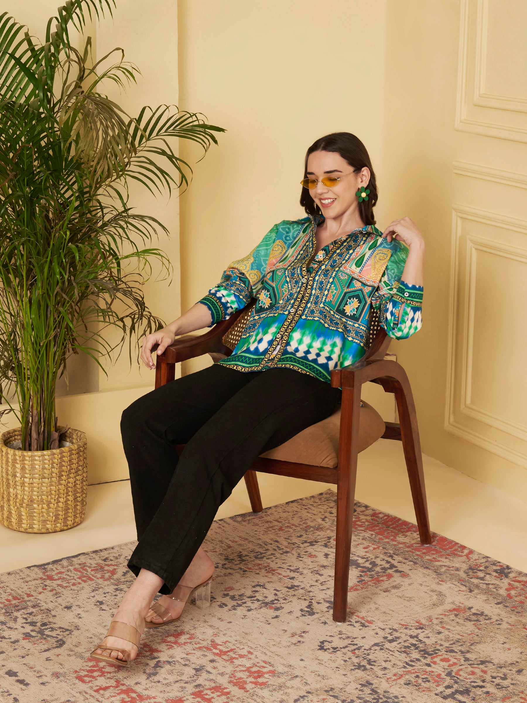 Women's Multicolor Ethnic Inspired Print Full Sleeve Button-Down Shirt