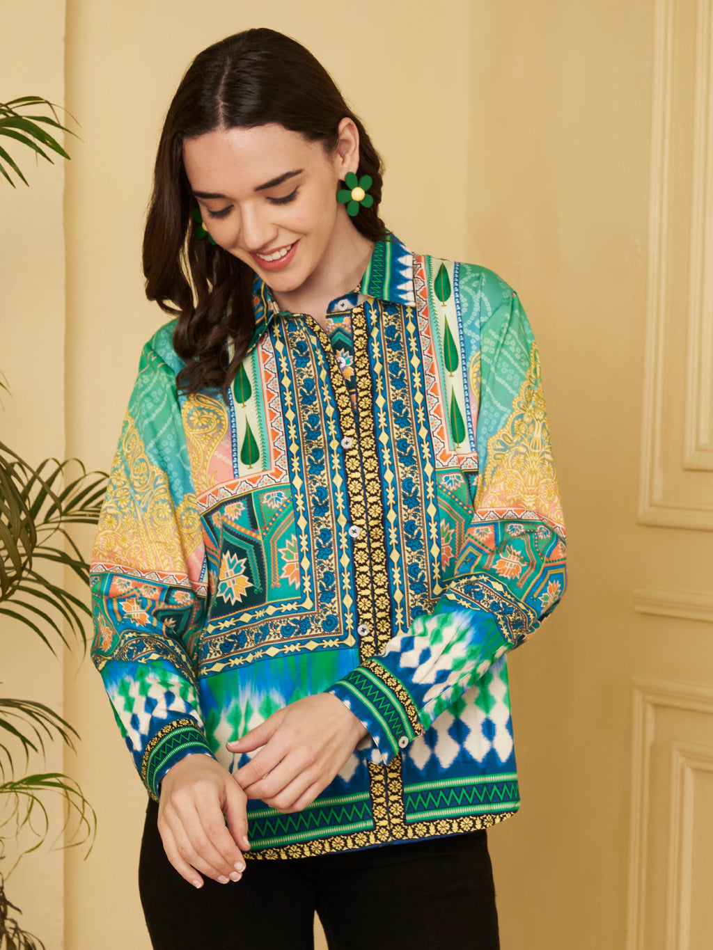 Women's Multicolor Ethnic Inspired Print Full Sleeve Button-Down Shirt