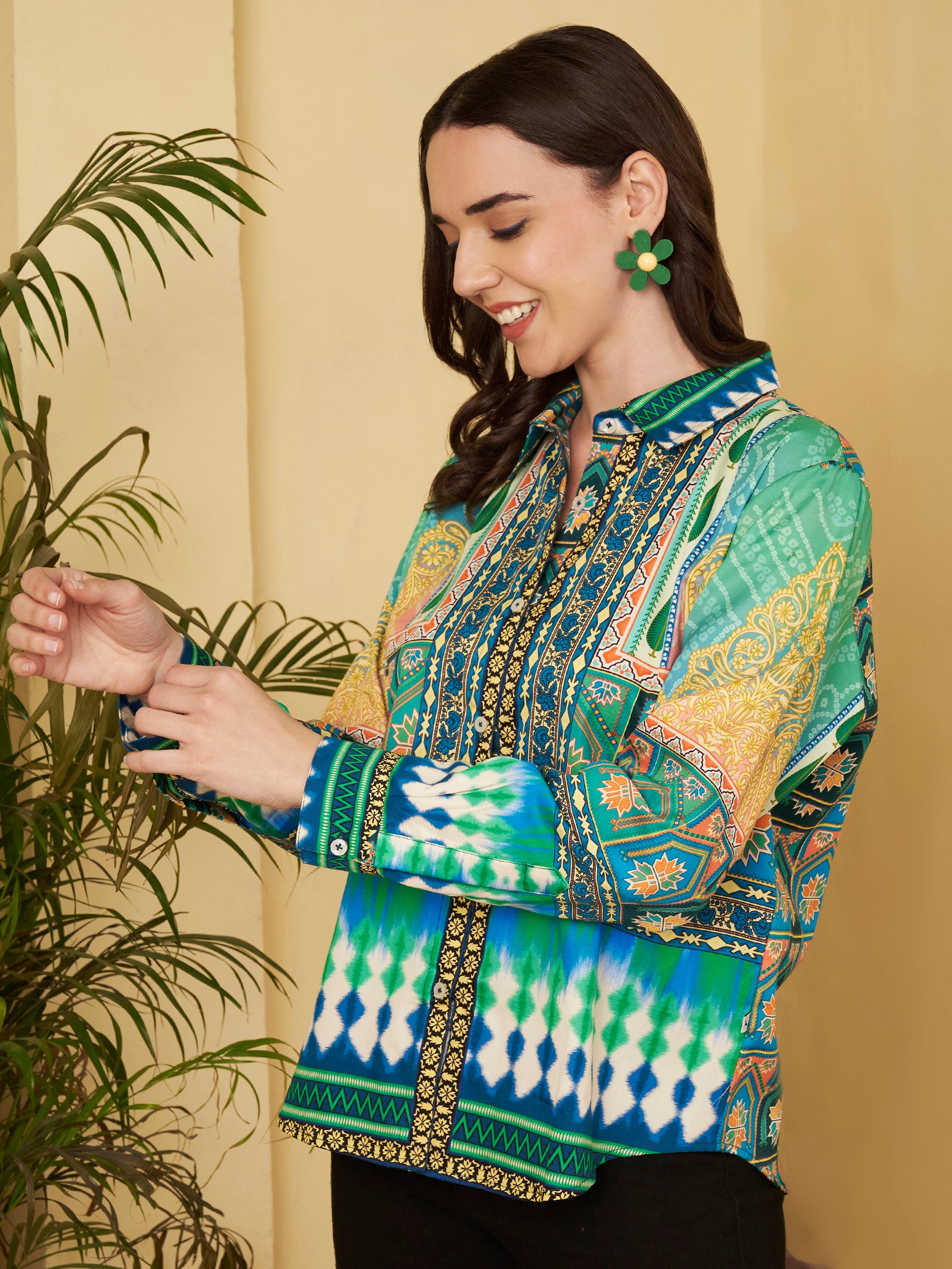 Women's Multicolor Ethnic Inspired Print Full Sleeve Button-Down Shirt