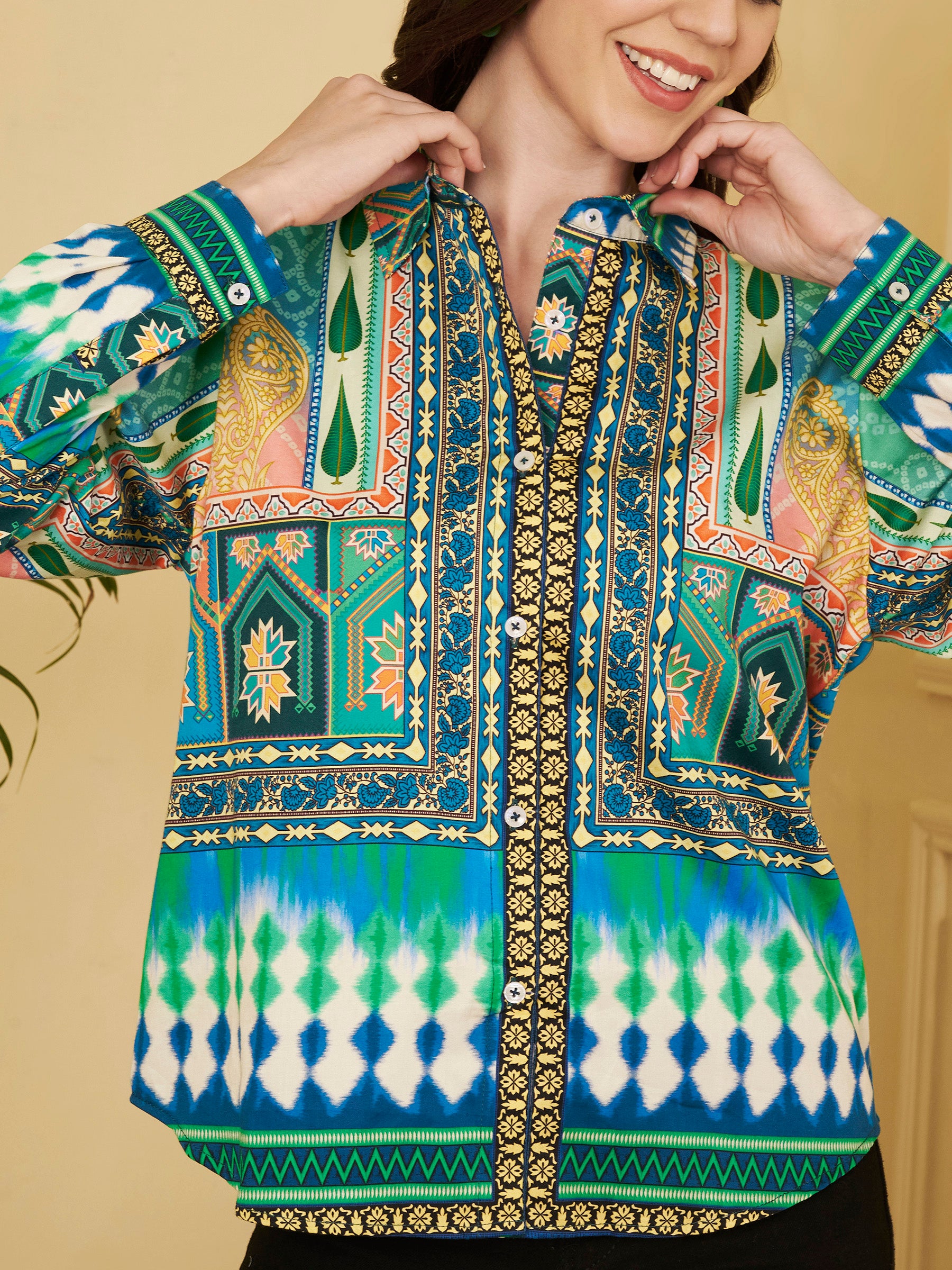 Women's Multicolor Ethnic Inspired Print Full Sleeve Button-Down Shirt